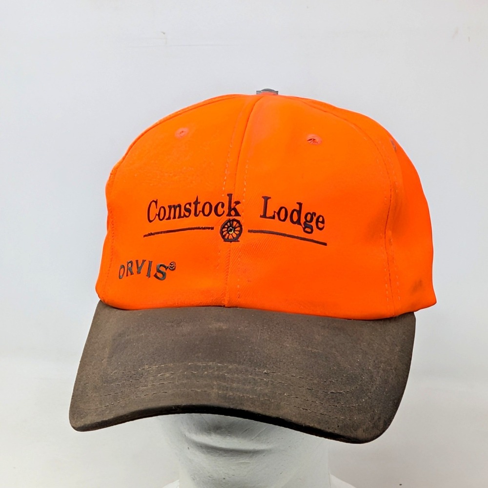 Orvis Comstock Lodge Blaze Orange Hunting Hat Leather Strap Vintage Mens Cap